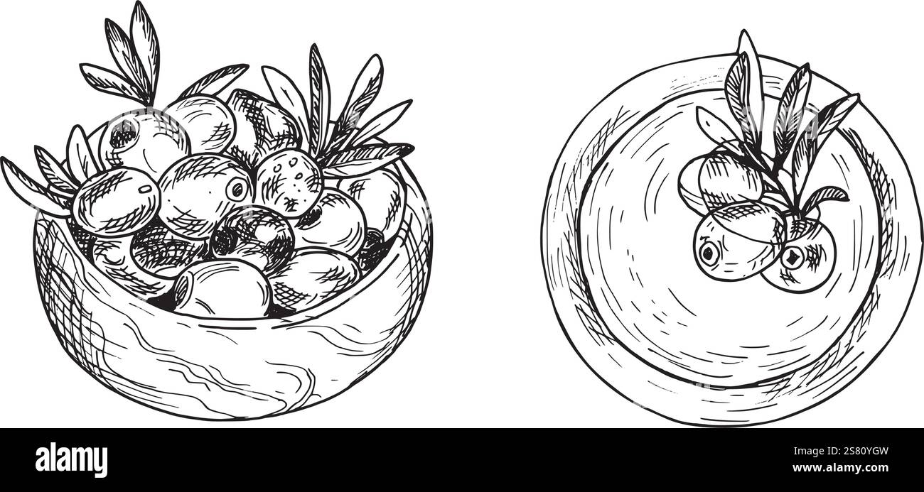 Ensemble de deux bols, en bois et à l'huile avec des olives et des branches d'olive de côté et de dessus isolé sur fond. Esquisse à l'encre dessinée à la main, botanique Illustration de Vecteur