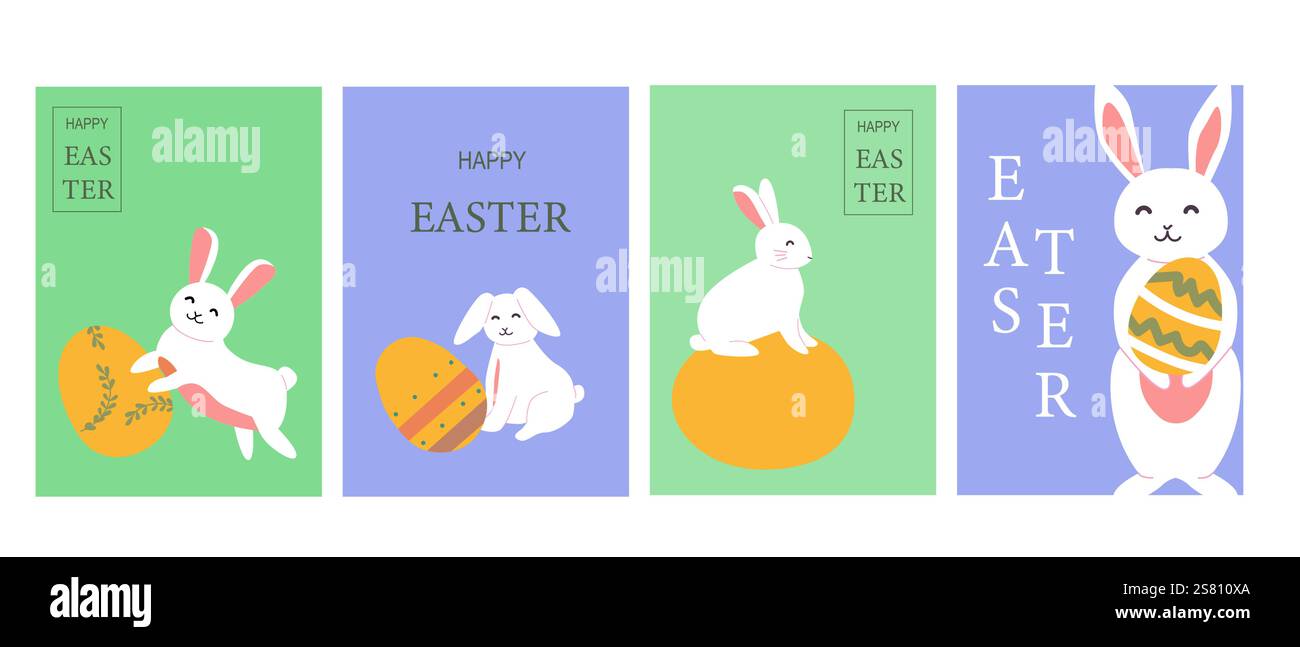 Cartes lumineuses modernes avec des lapins de pâques mignons et des œufs sur des fonds colorés. Illustration de Vecteur