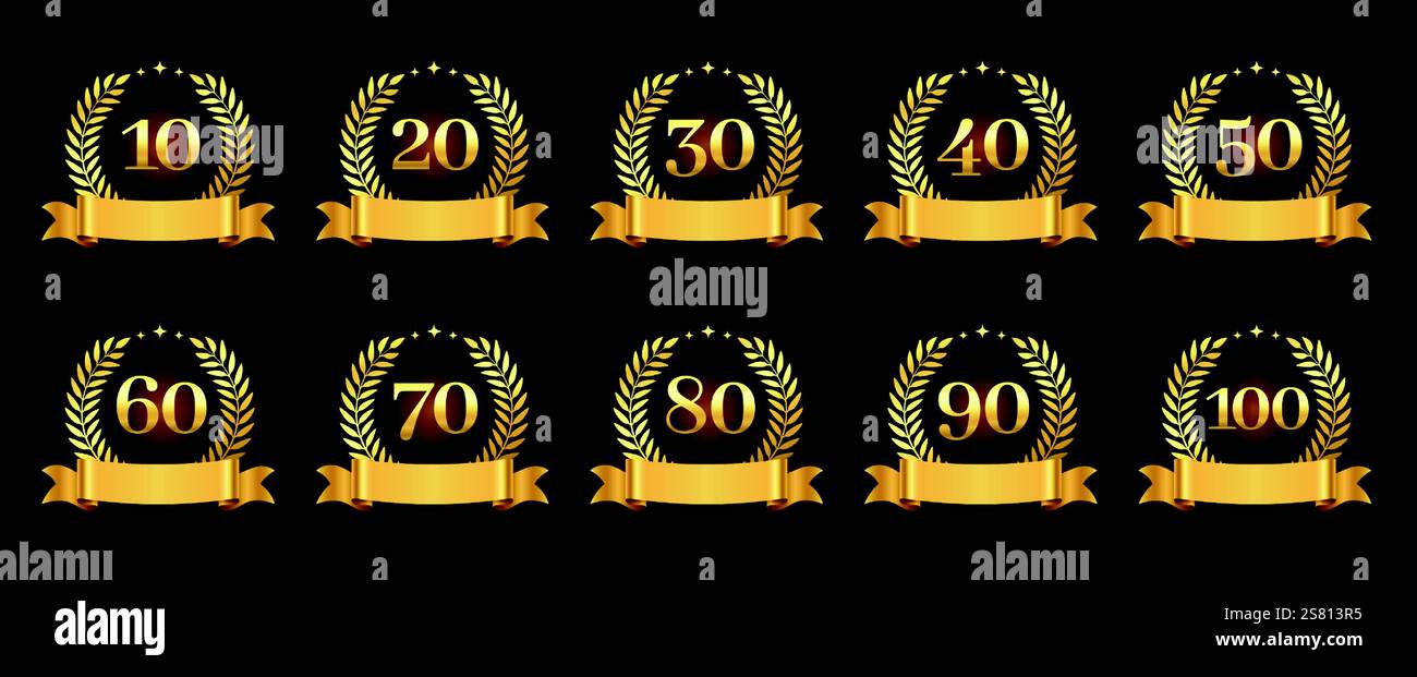 Signe d'anniversaire d'or. Célébrez 10, 20, 30, 40, 50, 60, 70, 80, 90, 100 ans de jubilé avec couronne et ruban de laurier d'or. Nombres vectoriels définis pour bi Illustration de Vecteur