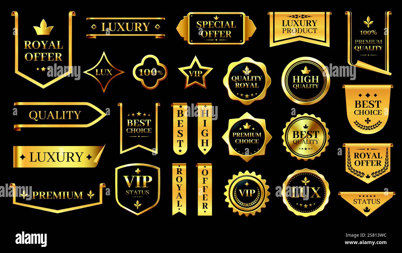 Étiquette dorée de qualité supérieure. Badges de qualité de luxe et autocollants de vente pour l'emballage des produits, ruban or brillant exclusif et icônes de timbre. Vector brillant certif Illustration de Vecteur