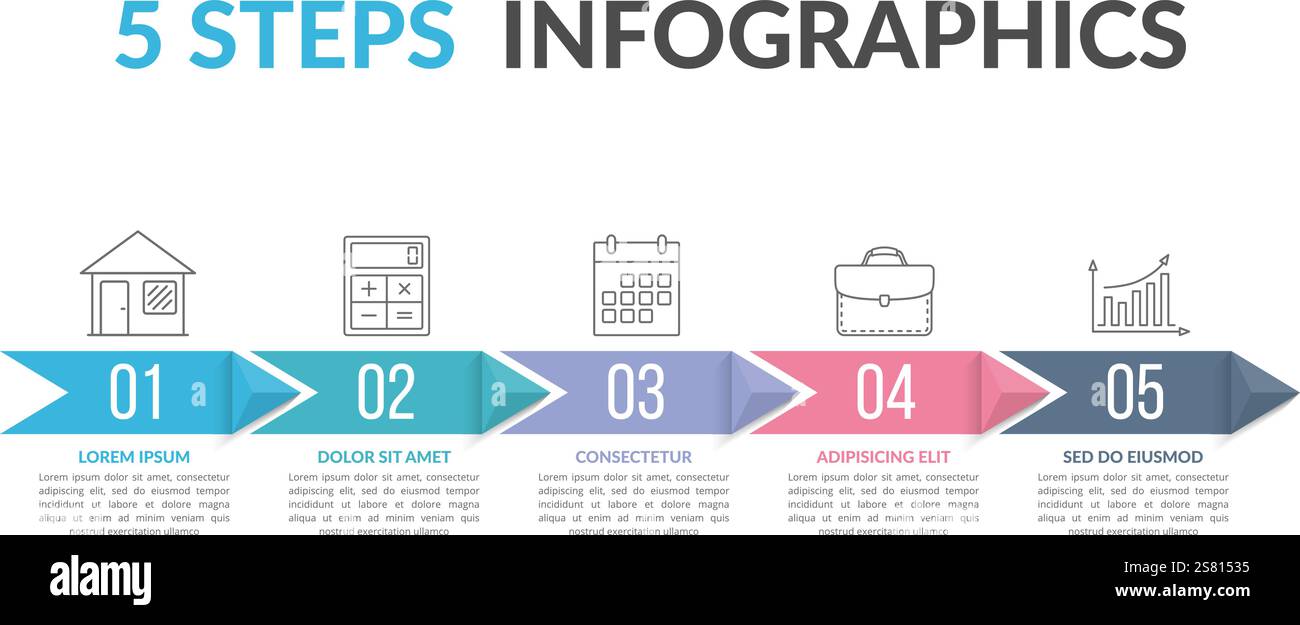Modèle d'infographie avec cinq étapes avec des flèches, illustration ...