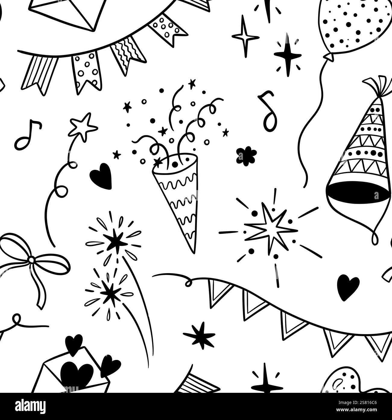 Motif de fête en ligne de griffonnage. Impression sans couture d'éléments de célébration dessinés à la main, croquis ballons d'anniversaire guirlande drapeaux de musique notes. Texture vectorielle. Illustration de Vecteur