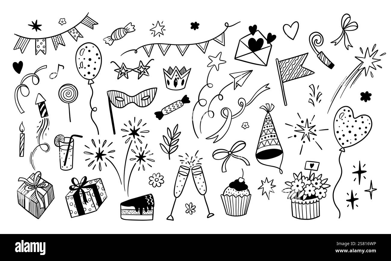 Des icônes de fête de gribouillage. Éléments d'esquisse simples abstraits dessinés à la main, signes de gribouillage de stylo marqueur mignon. Ensemble de guirlande et de cadre de bordure vectorielle. Illustration de Vecteur