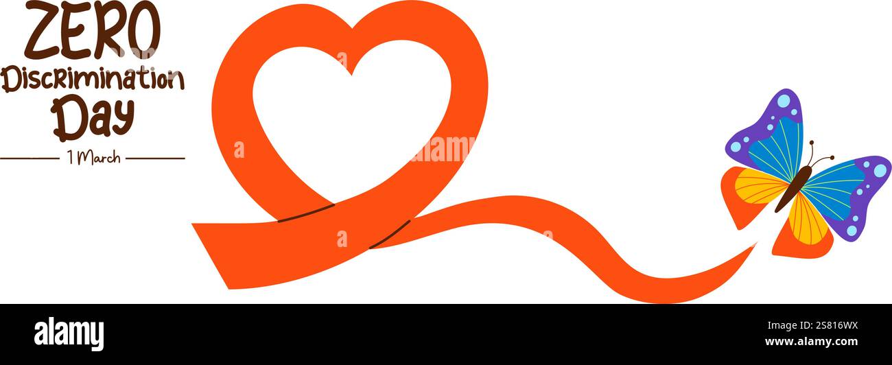 Journée zéro discrimination. Ruban rouge coeur et papillon arc-en-ciel. Fête internationale 1er mars. Illustration vectorielle. Convient pour carte de voeux, festi Illustration de Vecteur