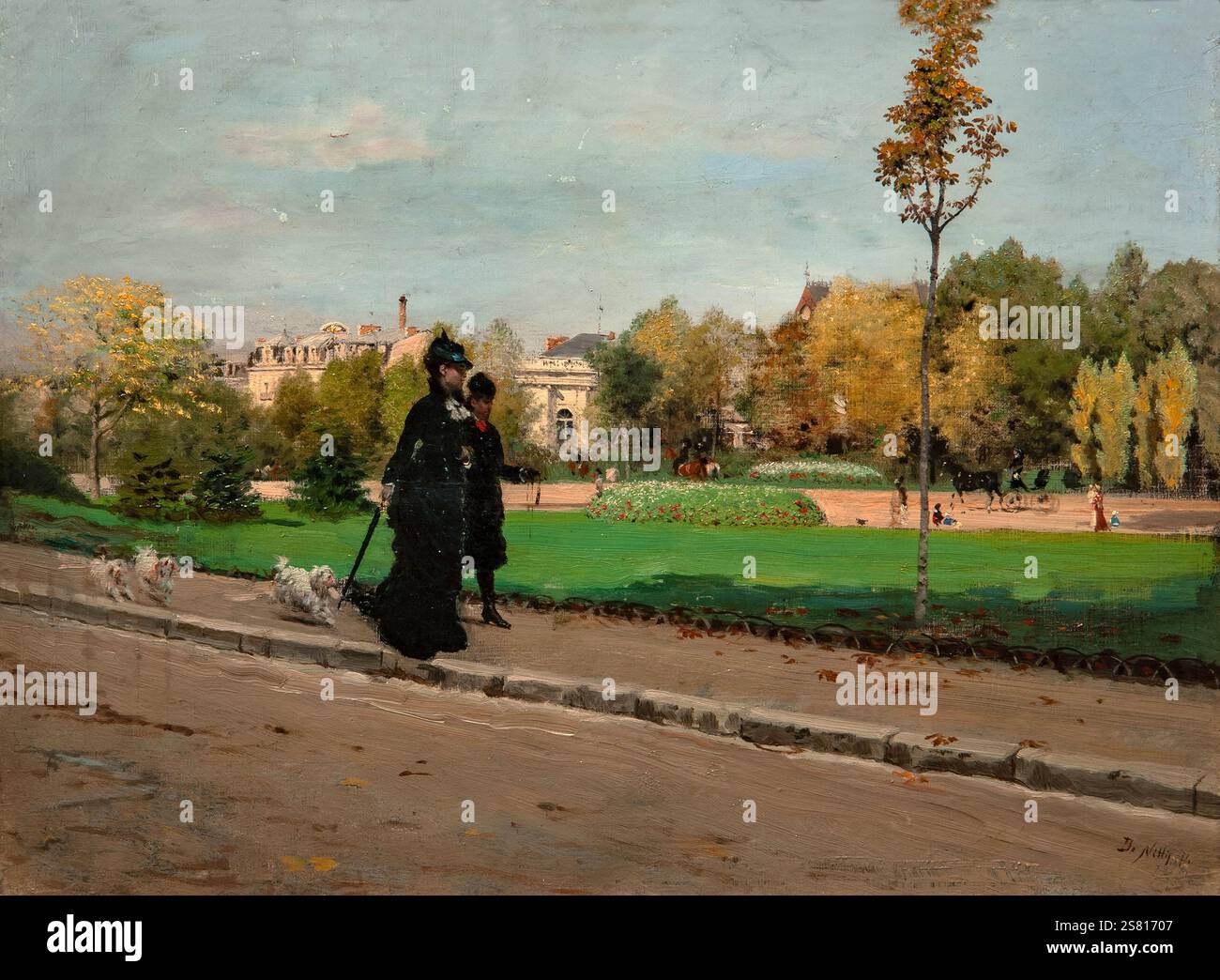 Giuseppe de Nittis 1846-1884 “marcher avec les chiens” 1874, 32 x 42 cm huile sur papier. Banque D'Images