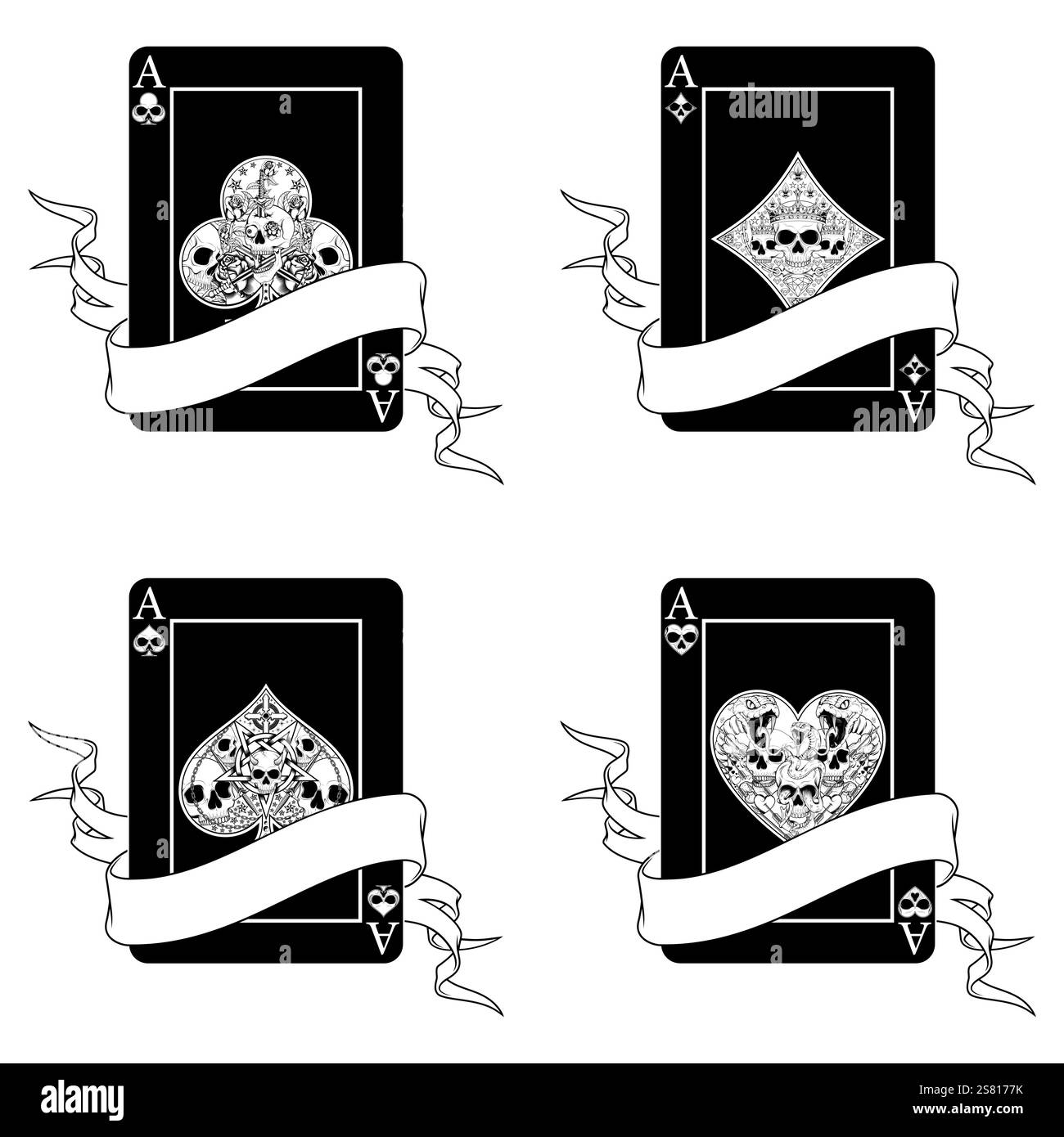 Carte de poker entourée d'un ruban, symboles de poker de coeur, diamant, club et as avec différents dessins de crâne Illustration de Vecteur