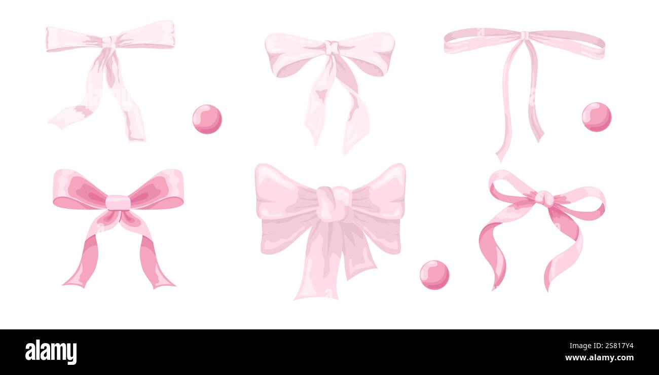 Illustration vectorielle de l'ensemble d'arc vintage girly rose 6. Archet pour décor de cheveux plat. Rubans isolés. Accessoires tendance pour filles. Éléments de coiffure mignons Illustration de Vecteur