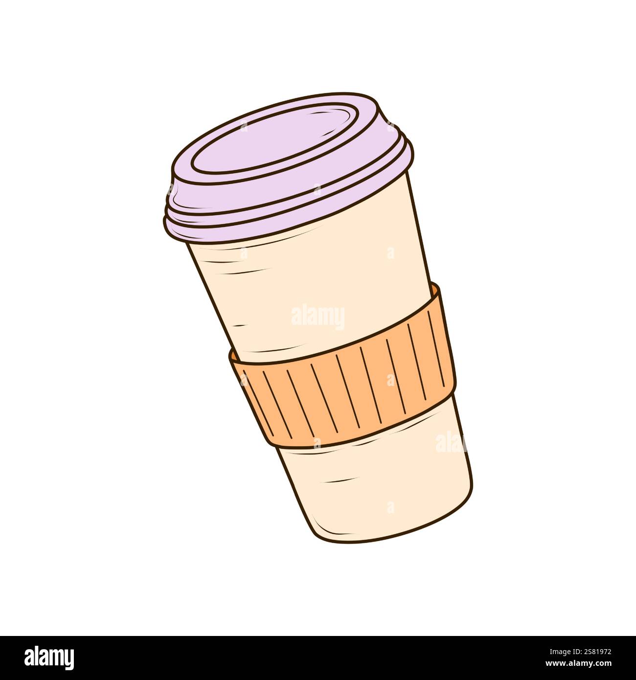 Tasse à café en papier à emporter avec couvercle et pochette de dessin animé. Tasse à thé à emporter fermée par des bouchons en plastique. Café, latte, boisson chaude à emporter. Vecteur plat Illustration de Vecteur