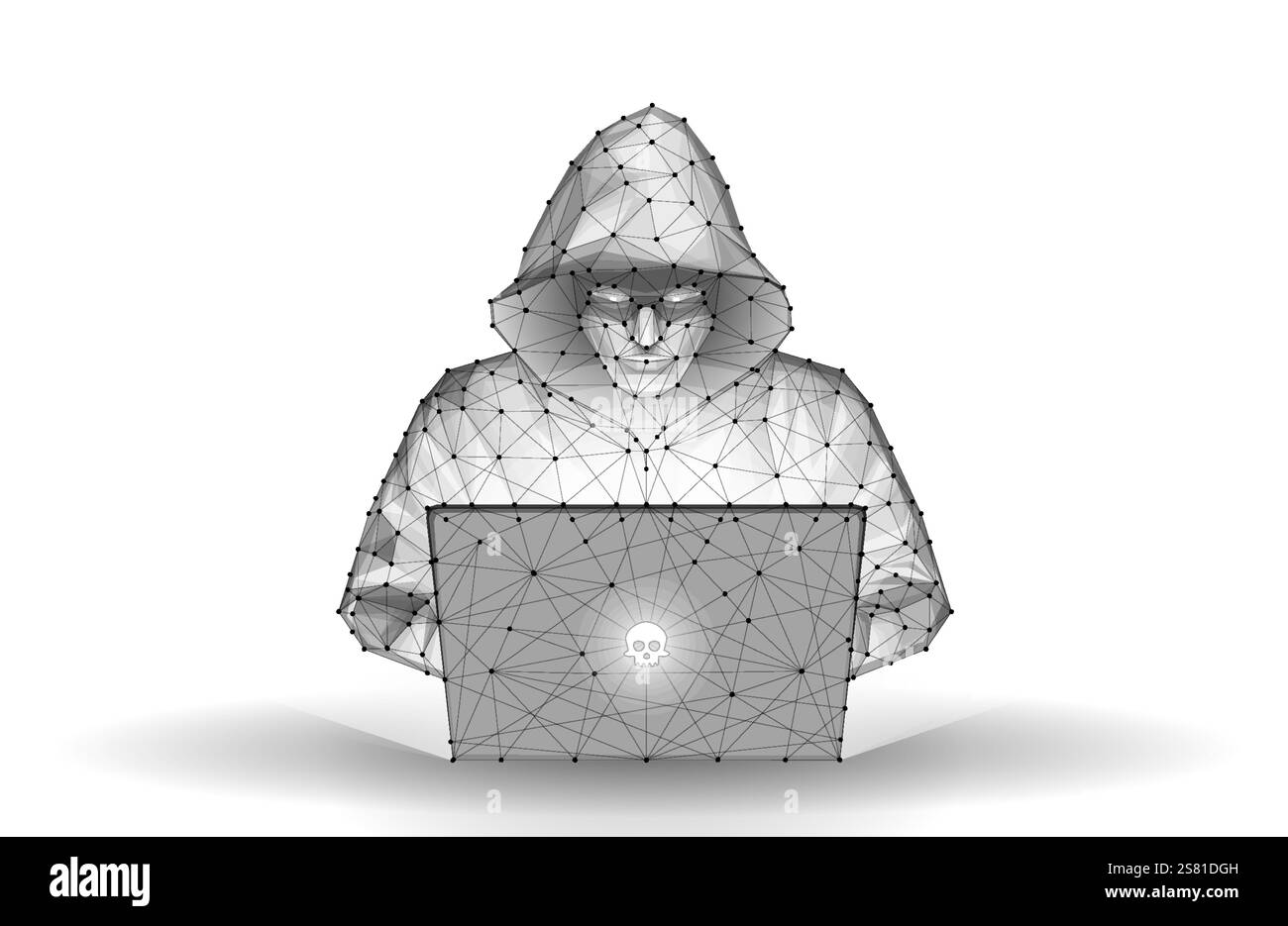 Hacker. Cyber-criminel avec ordinateur portable et icônes connexes derrière lui. Cybercriminalité, activité des pirates informatiques, attaque ddos, sécurité des systèmes numériques, fraude financière Illustration de Vecteur