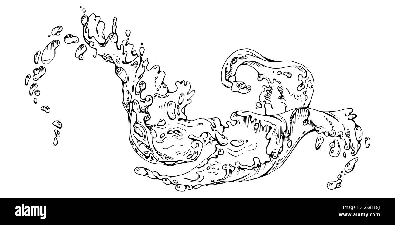 Écoulement d'eau, éclaboussures bulles vagues avec des gouttes de rosée. Écoulement clair ondulations de pulvérisation humide, mouvement de versement de liquide. Illustration vectorielle dessinée à la main à l'encre Illustration de Vecteur