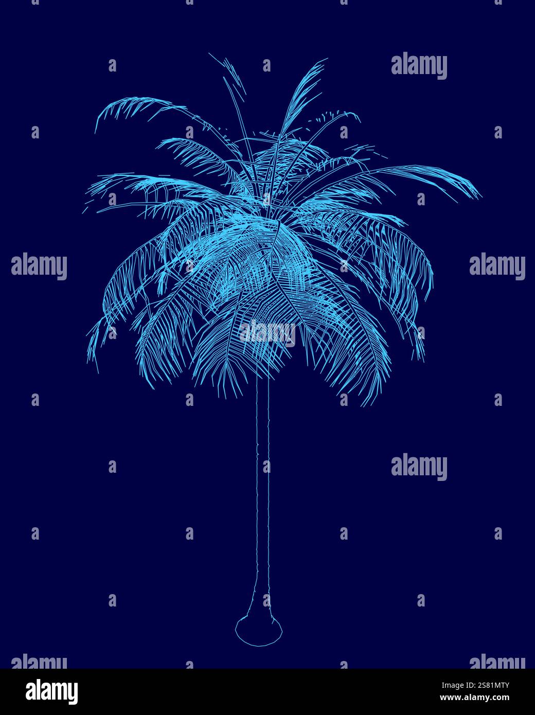 Dessin bleu d'un palmier avec une gouttelette bleue dessus. La gouttelette se trouve au milieu de l'arbre et est entourée par les feuilles. L'image a un calme Illustration de Vecteur