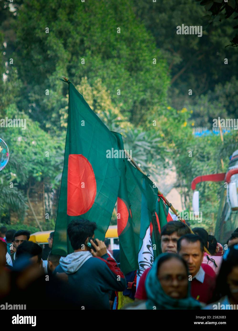 Un homme vendant des drapeaux bangladais sur la route pendant les célébrations du jour de la victoire au Bangladesh, reflétant le patriotisme et l'esprit festif. Banque D'Images