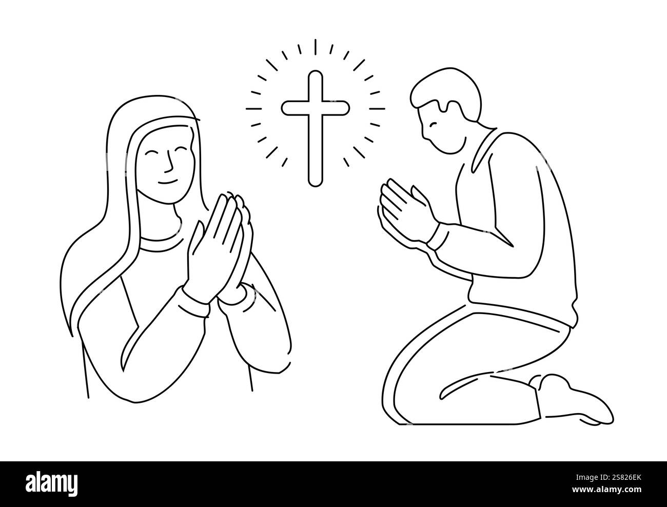 Priant sur ses genoux. Prie avec les mains serrées. Bible, prière, symbole de service de l'église Illustration de Vecteur