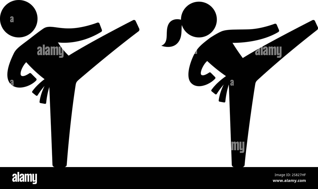 Icône des arts martiaux masculins et féminins. Silhouette Karaté ou Taekwondo High Kick. Bâton figure homme et femme contour, illustration vectorielle noir et blanc. Illustration de Vecteur