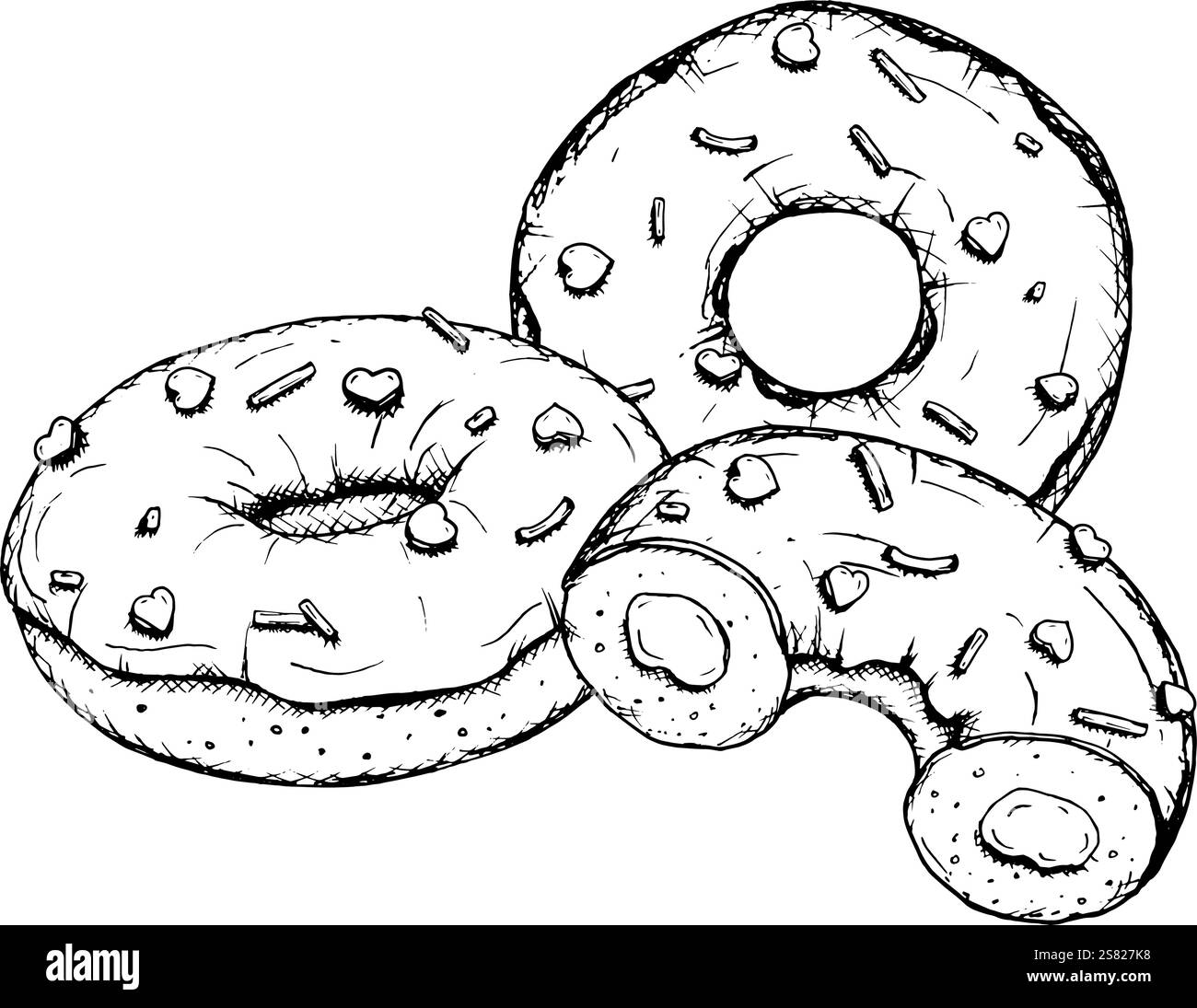 Croquis vectoriel noir et blanc de trois beignets avec glaçage et saupoudrages en forme de cœur. Parfait pour les designs de la Saint-Valentin, marque de boulangerie Illustration de Vecteur