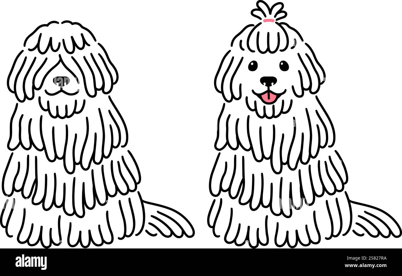 Chien de dessin animé mignon Komondor, avec les cheveux couvrant les yeux et jusqu'à la coiffure. Grand chien berger blanc shaggy assis. Dessin simple, vectoriel clip art illustrati Illustration de Vecteur