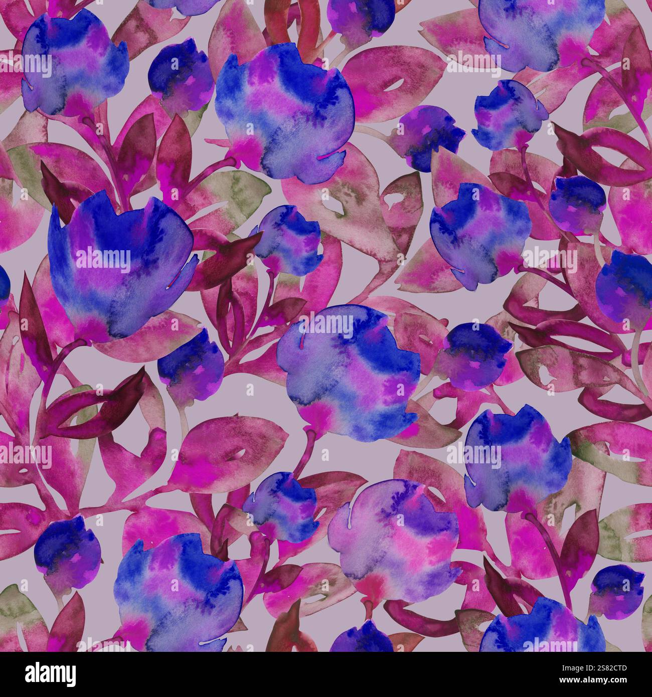 Motif aquarelle coloré peint à la main orné de fleurs violettes et roses. Parfait pour les textiles, papier d'emballage, papiers peints, dessins de cartes, décor Banque D'Images
