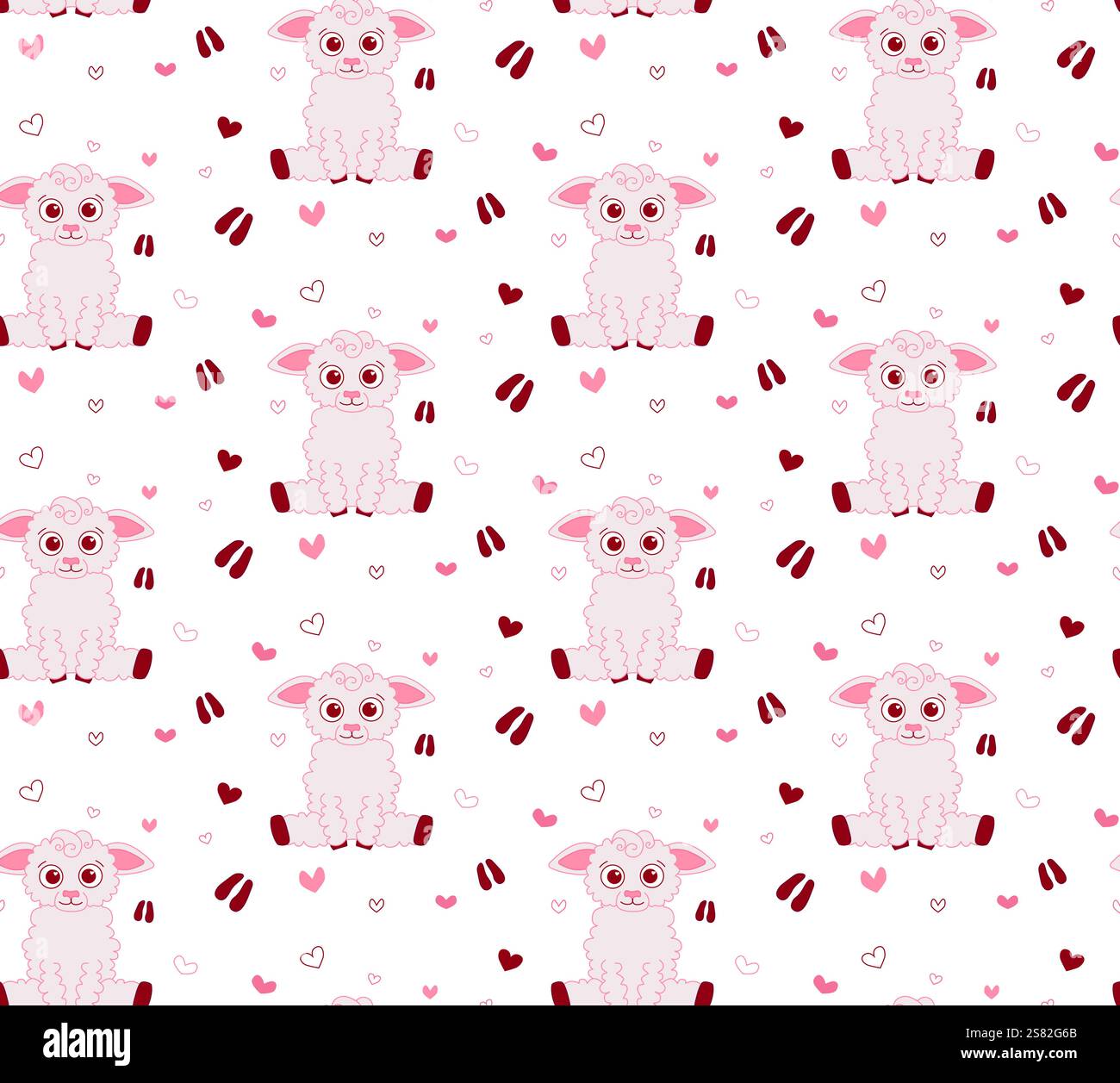 Bébé mouton mignon avec empreinte et motif sans couture de vecteur de coeurs roses. Mignon tissu. Fond de vecteur de style de dessin animé. Répétition d'une répétition de surface Illustration de Vecteur