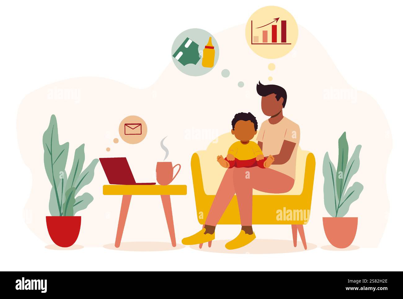 Le père en congé de maternité jouit de bons moments avec son enfant tout en jonglant avec ses responsabilités professionnelles à la maison Illustration de Vecteur