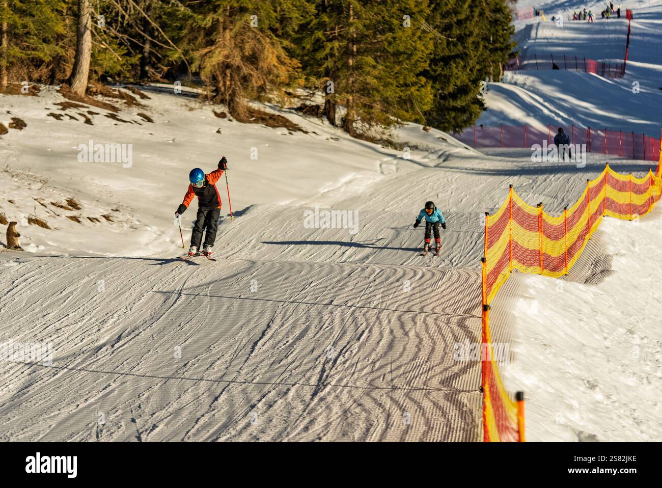 Groupe de personnes skiant dans les montagnes par une journée ensoleillée d'hiver. Cours de ski avec instructeurs locaux. Les enfants apprennent à skier avec un moniteur. Enfants Banque D'Images