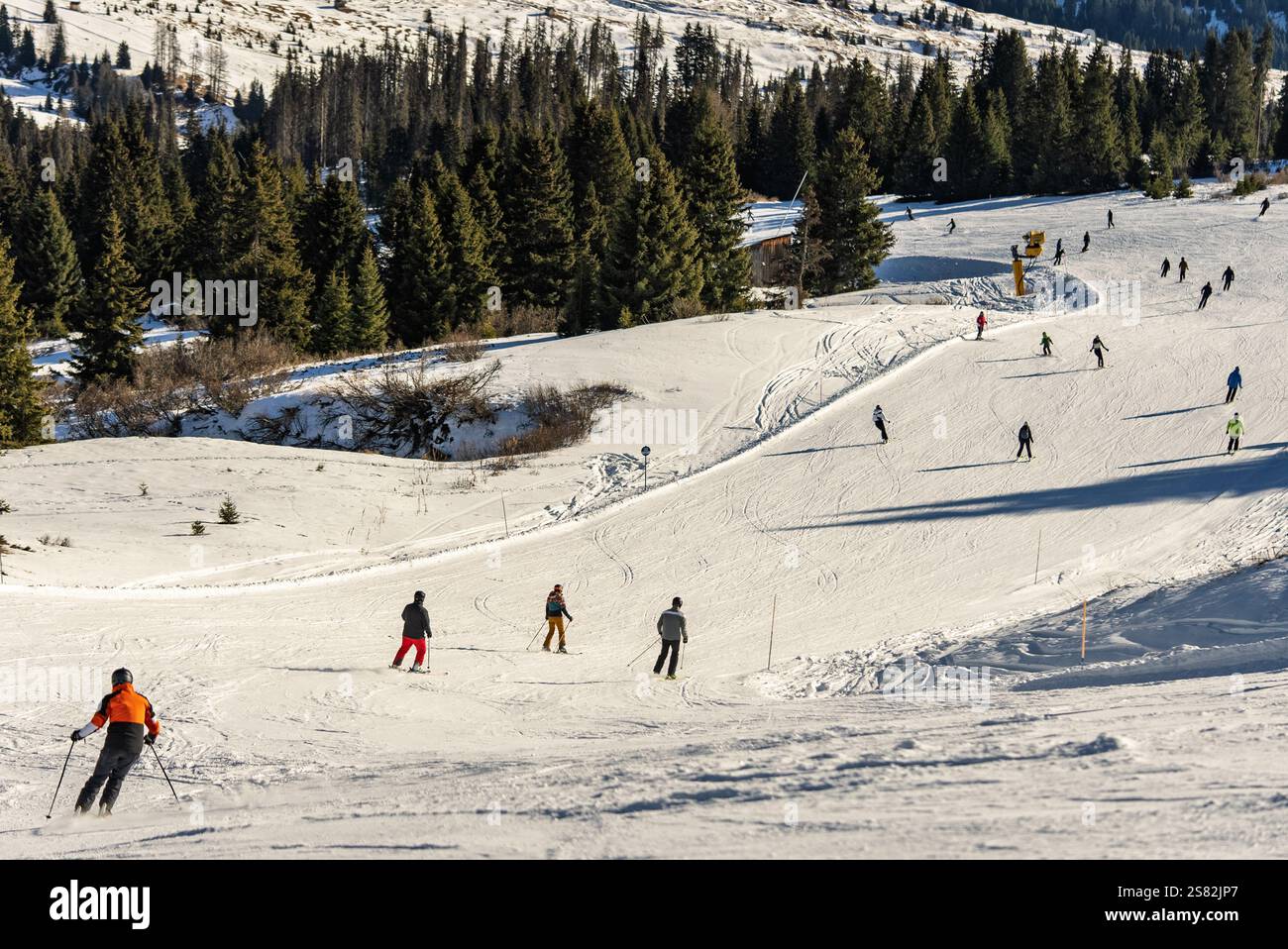 Groupe de personnes skiant dans les montagnes par une journée ensoleillée d'hiver. Cours de ski avec instructeurs locaux. Les enfants apprennent à skier avec un moniteur. Enfants Banque D'Images