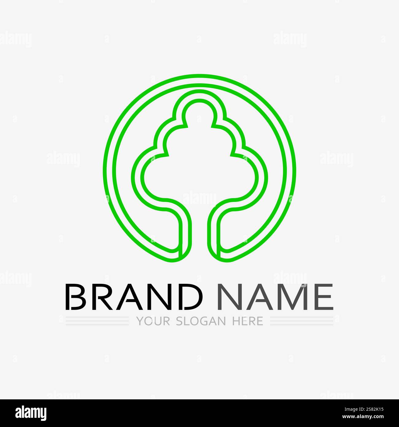 Logo de jardinage avec icône de pelle et arbre avec modèle de logo de feuilles vertes. Illustration de Vecteur