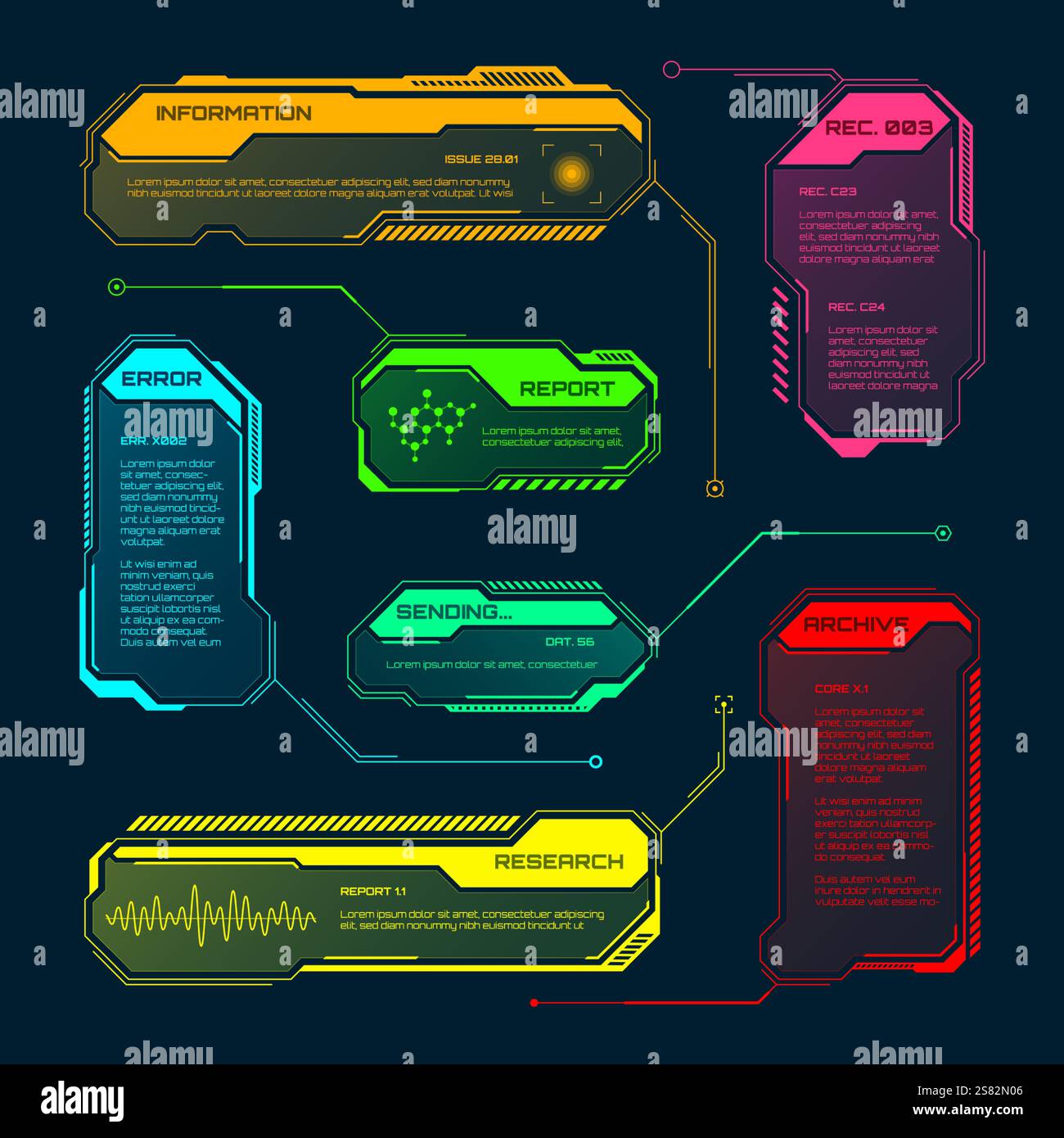 Éléments HUD ou UI futuristes. Zones de texte et légendes de l'interface utilisateur SCI-fi. Cadre de message d'avertissement coloré, modèle de boîtes d'information. Jeu moderne Illustration de Vecteur