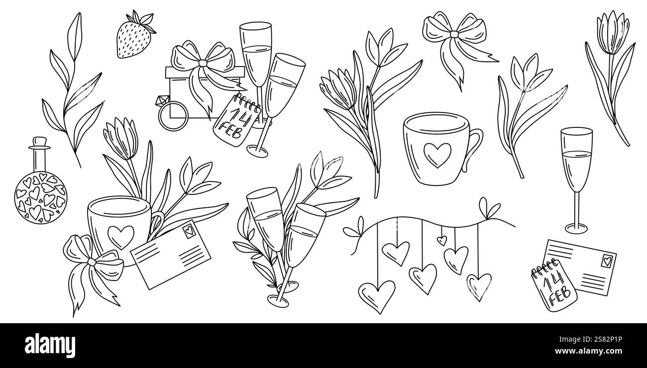 Illustration vectorielle dessinée à la main des objets et symboles de la Saint-Valentin. Les éléments romantiques comprennent les fleurs, les coeurs, les arcs, les cadeaux et les verres. Parfait pour Illustration de Vecteur