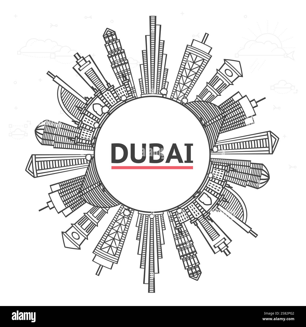 Esquissez Dubaï UAE Skyline avec des bâtiments modernes et un espace de copie. Illustration vectorielle. Paysage urbain de Dubaï avec des points de repère. Illustration de Vecteur