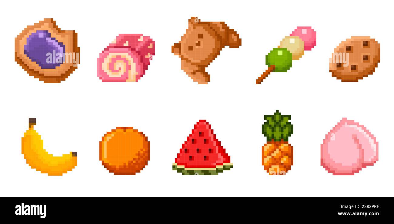 Icônes de nourriture pixel art ensemble avec des pâtisseries sucrées, des fruits et des collations - tarte aux myrtilles, rouleau de fraise, croissant, bonbons, biscuit au chocolat, banane, orange, pastèque et ananas. Ressources de jeu rétro Illustration de Vecteur