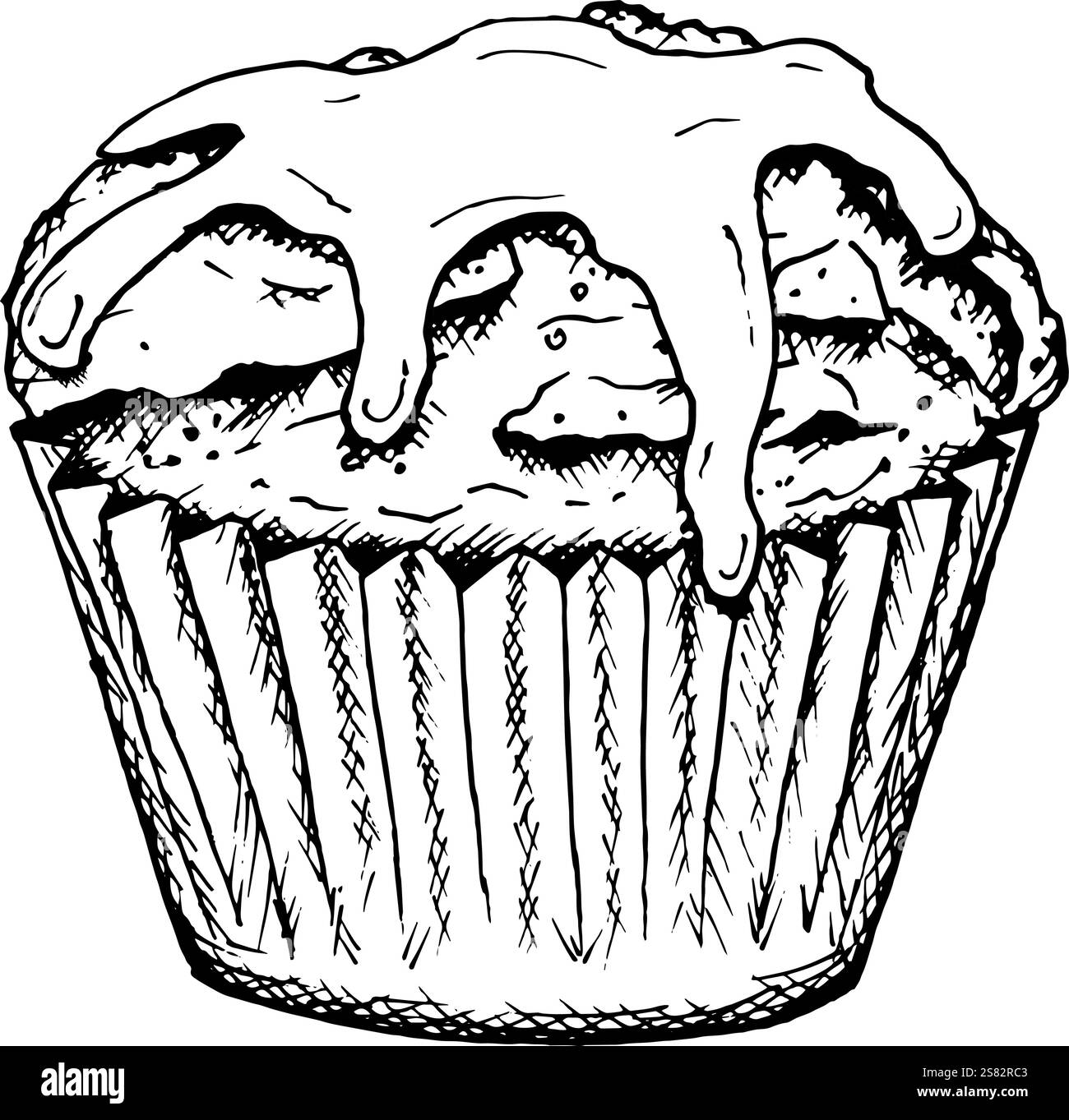 Illustration vectorielle d'un cupcake surmonté de glaçure qui coule. Dessiné à la main en noir et blanc, parfait pour les menus de boulangerie festifs, le branding de dessert Illustration de Vecteur