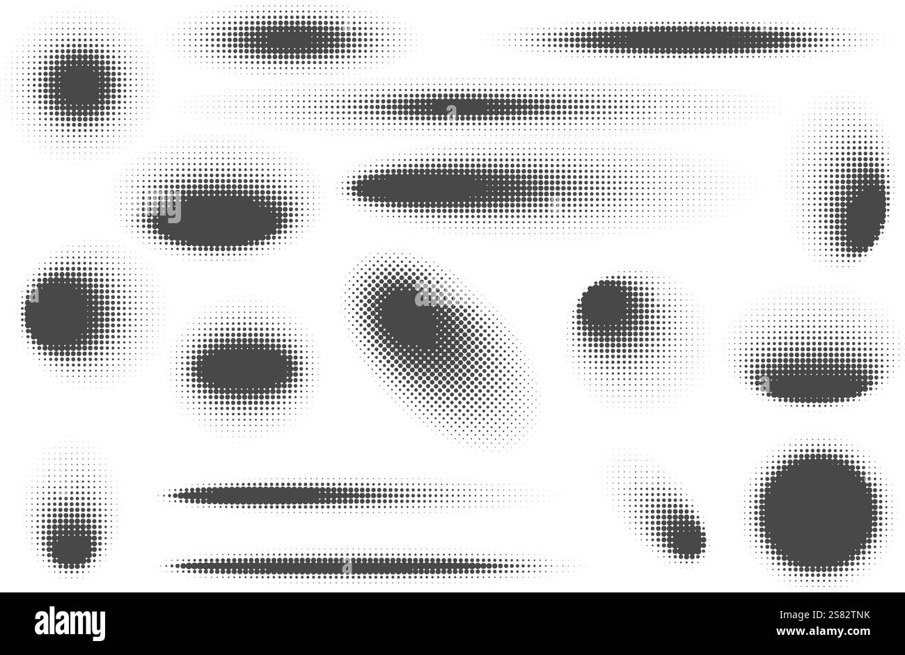 Formes abstraites demi-teintes vectorielles pointillées. Ombres floues de cercle définies sur fond blanc. Éléments graphiques, blobs organiques circulaires avec effet de gradation Illustration de Vecteur