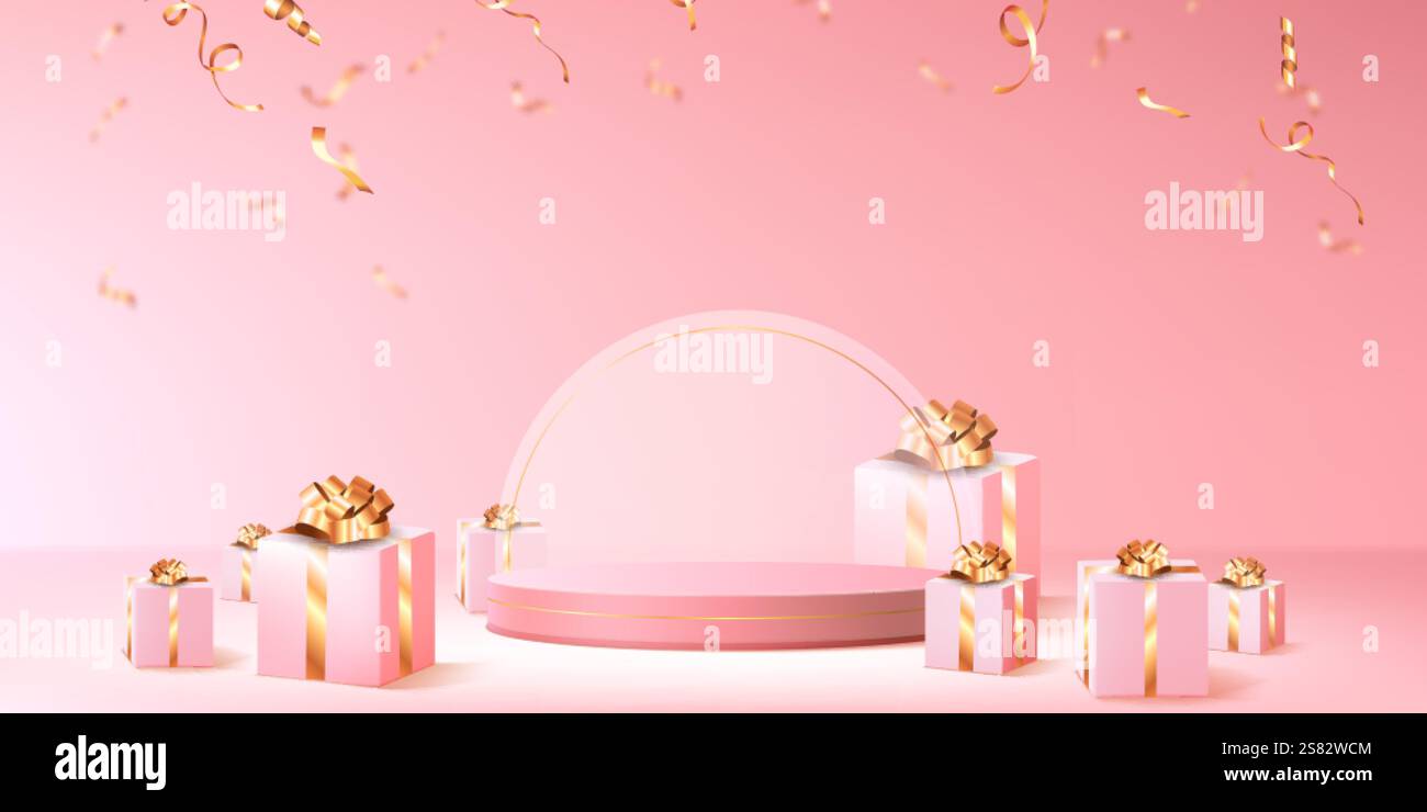 Présentoir de podium rose avec boîtes-cadeaux emballées, noeuds dorés et rubans. Plate-forme de présentation festive avec arc circulaire et éléments de confettis tombants f Illustration de Vecteur