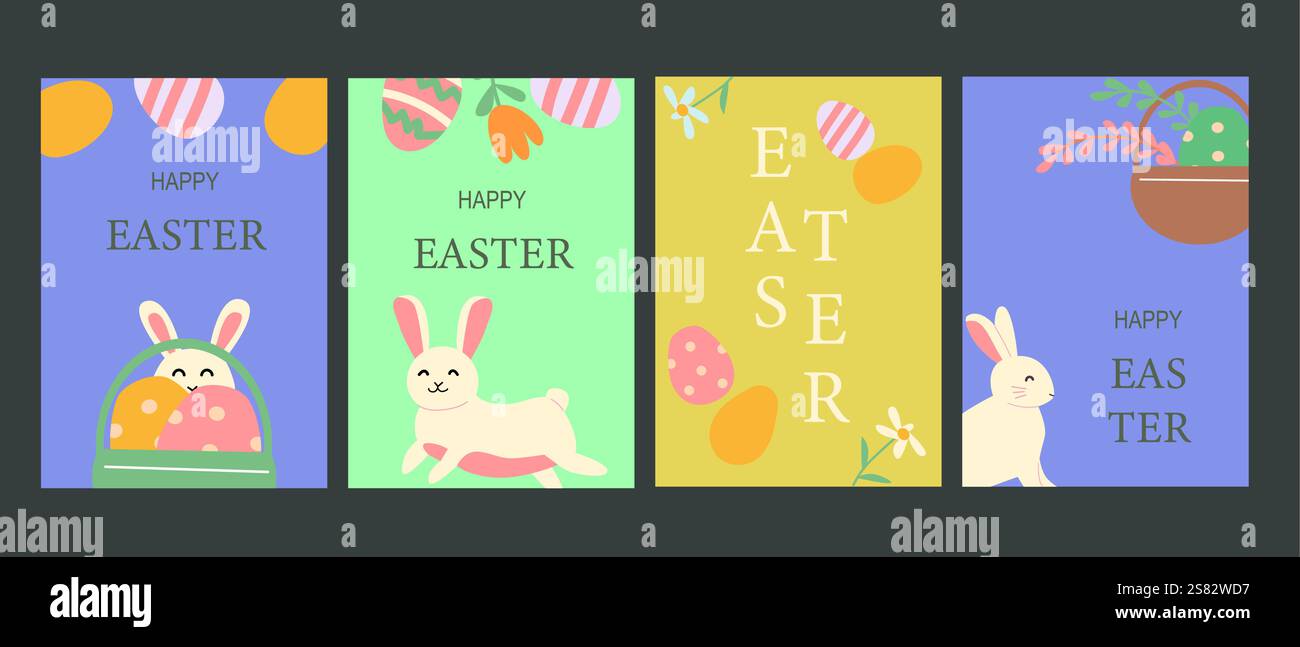 Ensemble de cartes de voeux joyeuses pâques avec des motifs géométriques et de jolies illustrations de lapin. Illustration de Vecteur