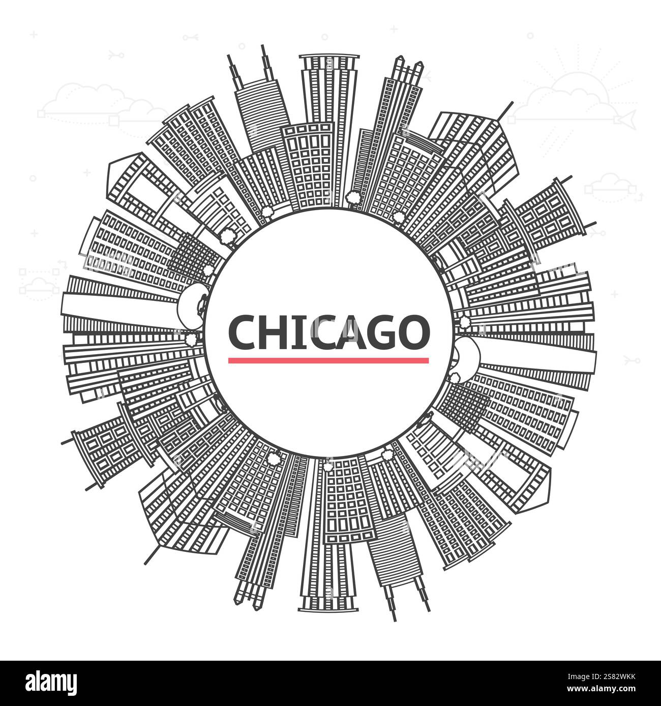 Aperçu Chicago Illinois City Skyline avec des bâtiments modernes et l'espace copie isolé sur blanc. Illustration vectorielle. Paysage urbain de Chicago avec des monuments. Illustration de Vecteur