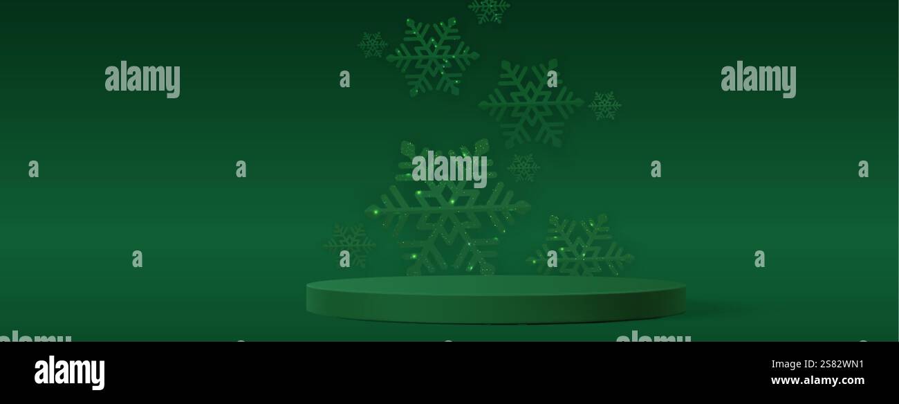Scène hivernale verte avec affichage de podium circulaire - flocons de neige étincelants avec des décorations en cristal illuminées flottant sur fond émeraude foncé. Chris Illustration de Vecteur
