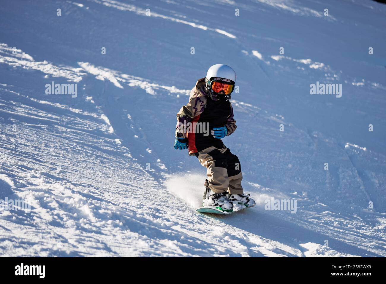 Groupe de personnes snowboard dans les montagnes par une journée ensoleillée d'hiver. Cours de snowboard avec instructeurs locaux. Les enfants apprennent à faire du snowboard avec un instruc Banque D'Images