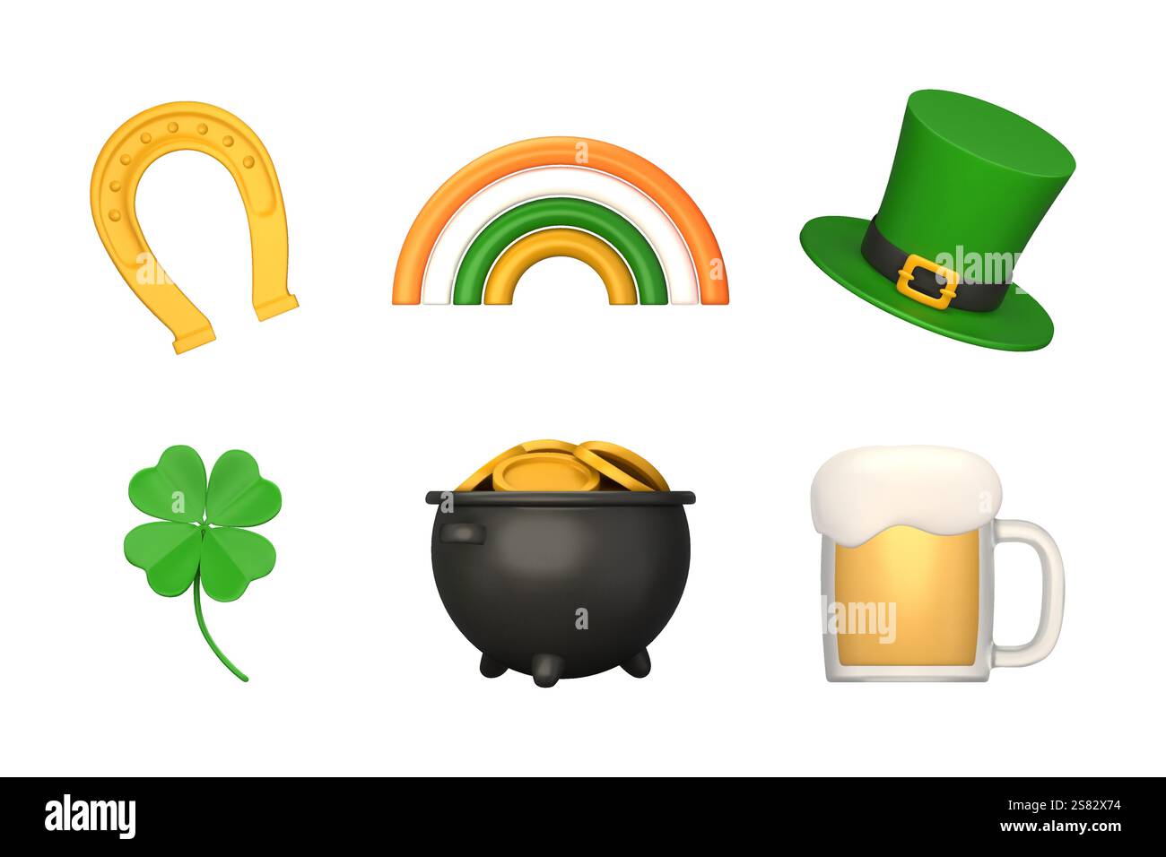 Eléments décoratifs de la fête de Patrick. Symboles de bonne chance dans un style réaliste 3D. Trèfle, pot d'argent, chapeau de leprechaun, bière, fer à cheval, arc-en-ciel. Vecteur Illustration de Vecteur