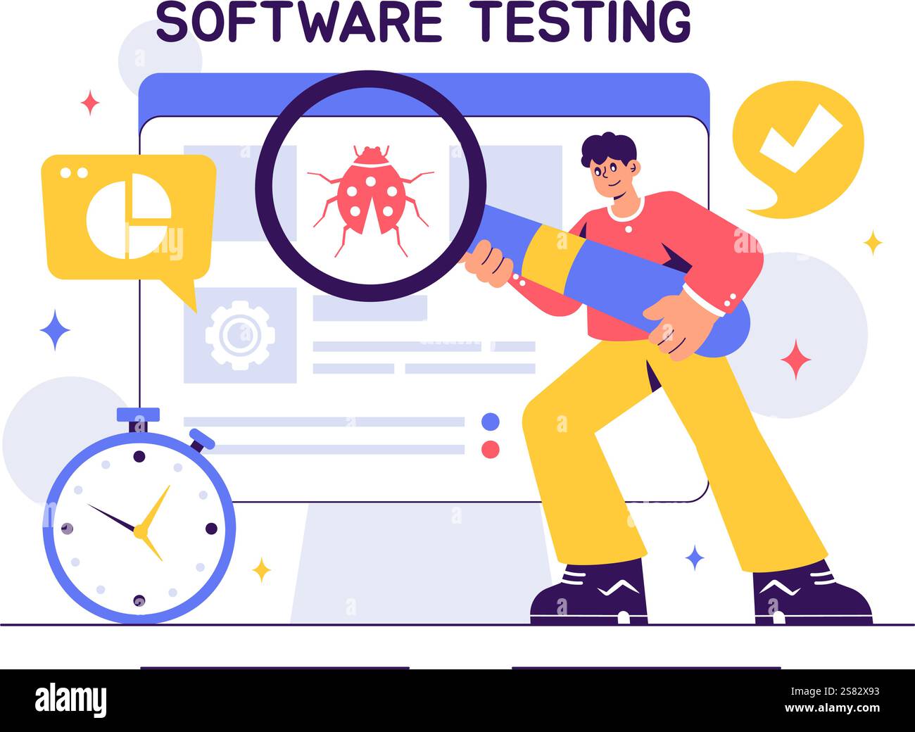 Illustration vectorielle de test de logiciel présentant l'ingénierie d'application, les processus de débogage, le flux de travail de développement, la programmation et le codage Illustration de Vecteur