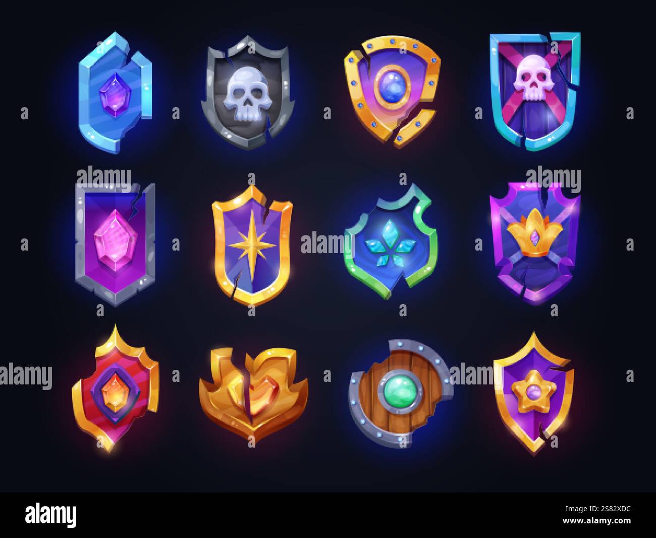 Boucliers brisés de dessin animé. Bouclier en bois endommagé de jeu de fantaisie, inventaire de joueur barbare guerrier viking ui élément de jeu médiéval armure de chevalier de guerre de bataille, illustration vectorielle chic illustration originale Illustration de Vecteur