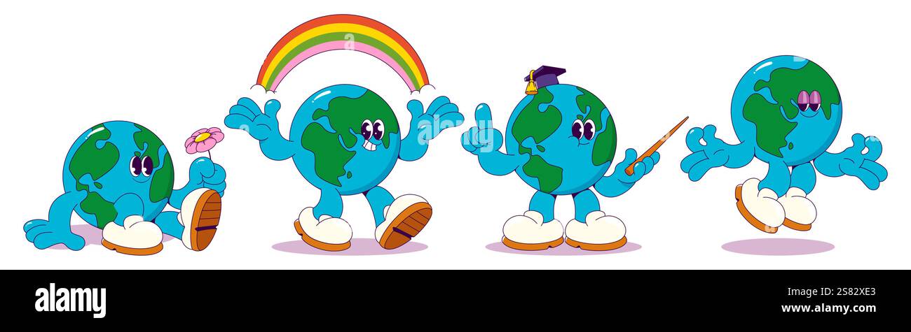 Personnages de la terre heureuse ensemble isolé sur fond blanc. Illustration de dessin animé vectoriel contemporain de globes souriants de y2k tenant la fleur, l'arc-en-ciel, medit Illustration de Vecteur