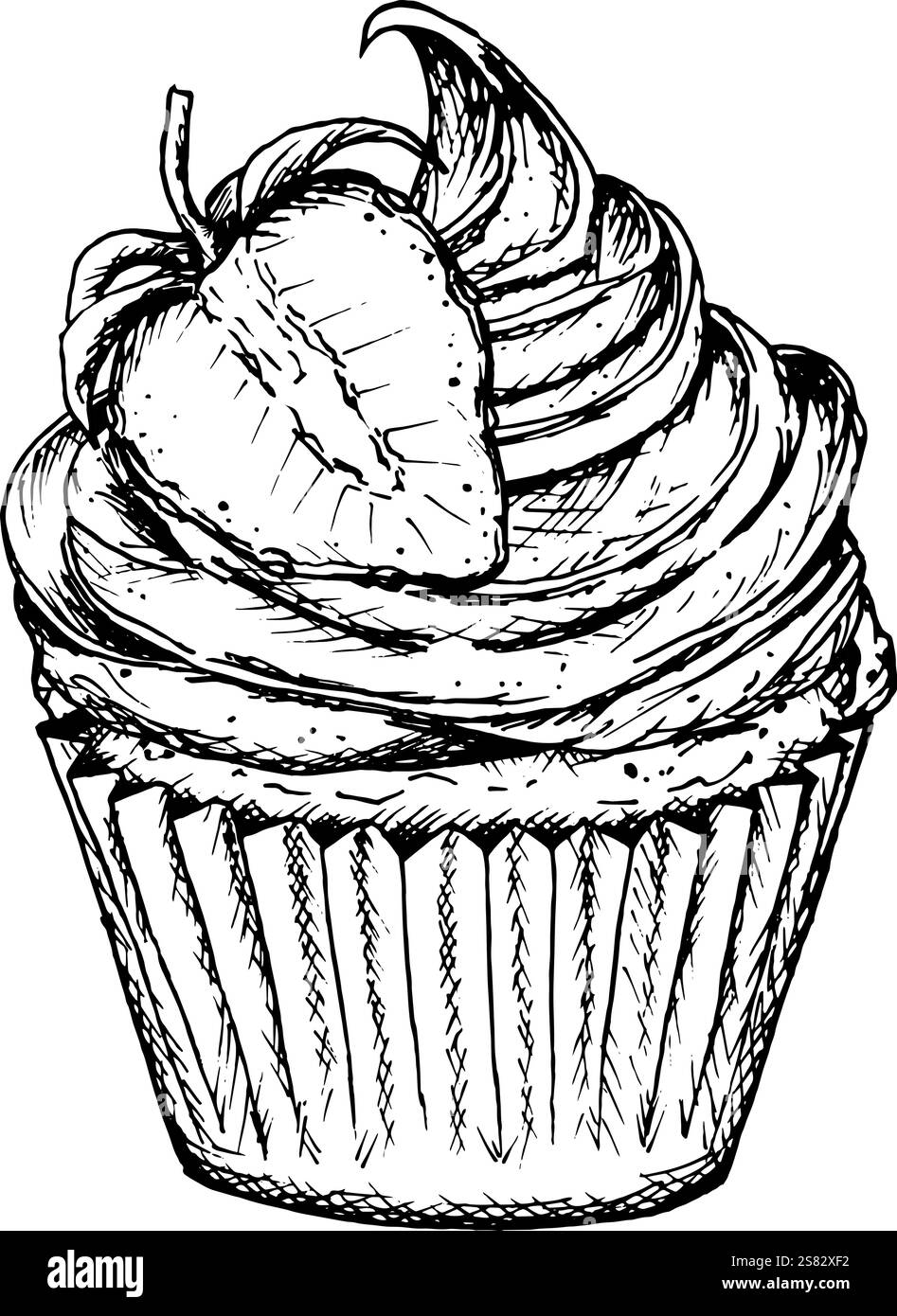 Un délicieux croquis à l'encre d'un cupcake recouvert de crème fouettée et d'une demi-fraise, dessiné en noir et blanc. Parfait pour la cuisson de motifs Illustration de Vecteur