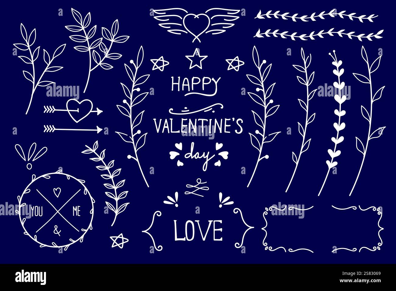 Une collection d'éléments de conception de la Saint-Valentin dessinés à la main, y compris des lettres sur le thème de l'amour, des cadres décoratifs, des branches feuillues, des coeurs, flèches et vin Illustration de Vecteur