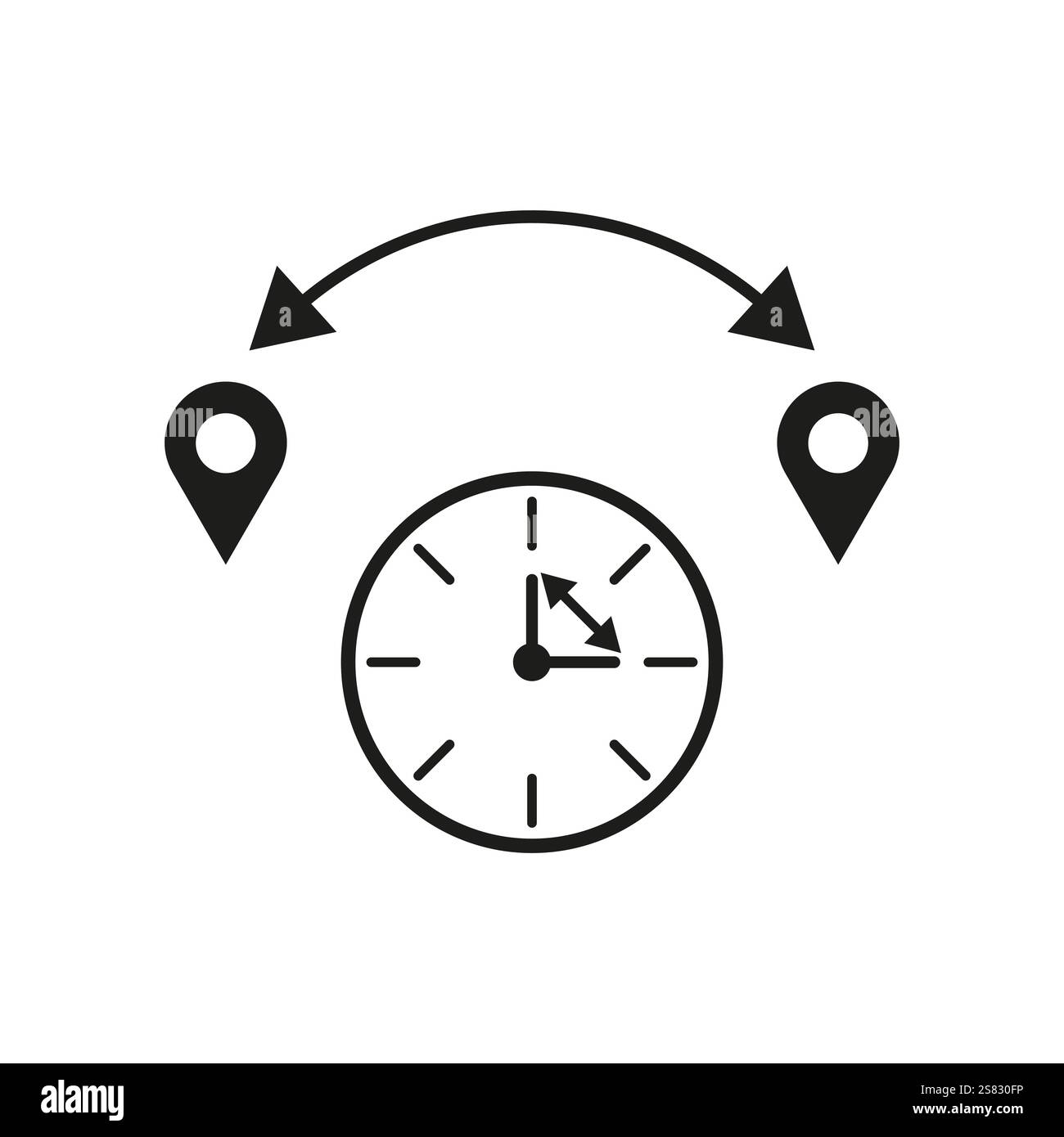Heure et lieu. Horloge avec marqueurs. Icône de distance parcourue. Symbole de vecteur de direction. Illustration de Vecteur