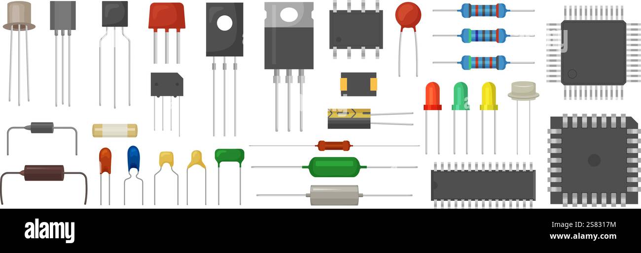 Micro-éléments électriques. Transistor résistance et semi-conducteurs équipement pour matériel électrique Recent vecteur images plates Illustration de Vecteur