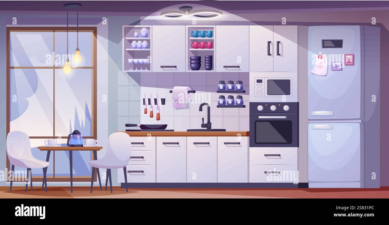 Fond de cuisine. Composition de meubles dans la pièce de cuisine illustration exacte de modèle vectoriel dans le style de dessin animé Illustration de Vecteur