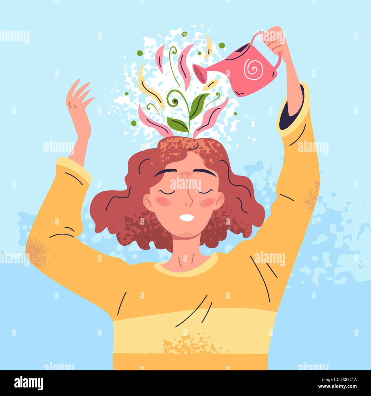 Croissance positive penser. Développer l'état d'esprit et la pensée optimiste, l'auto-amélioration de la santé mentale Happy Mind femme arrosant le cerveau de fleur de plante dans la tête, concept Classy illustration vectorielle illustration originale Illustration de Vecteur