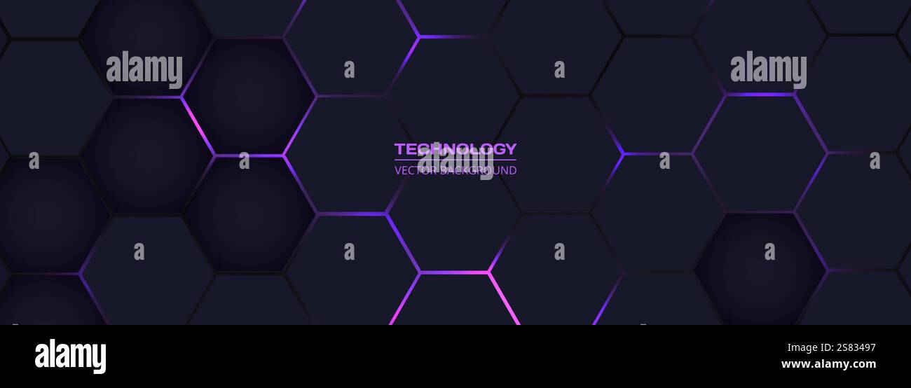 Fond vectoriel abstrait de technologie hexagonale horizontale violet foncé. L'énergie lumineuse violette et rose clignote sous l'hexagone dans le moderne futuriste Illustration de Vecteur