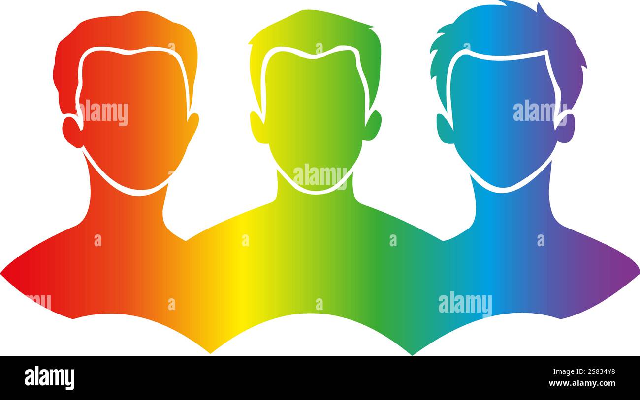 Logo vectoriel coloré de trois silhouettes humaines dans des tons arc-en-ciel, symbolisant la diversité, l'égalité, la fierté LGBTQ, l'unité de la communauté Illustration de Vecteur