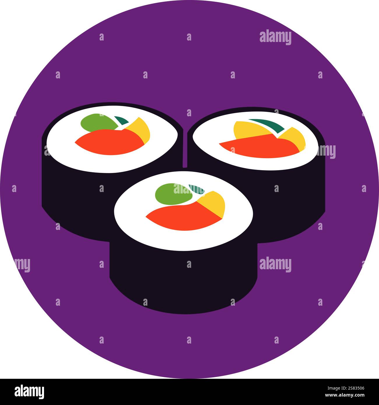 Trois rouleaux de sushi avec des ingrédients colorés à l'intérieur, enveloppés dans des algues, servis sur fond violet. Cuisine japonaise. Illustration vectorielle Illustration de Vecteur